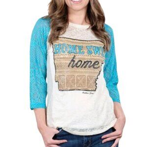 "Home Sweet Home" State of Arkansas Turquoise Lace Sleeve Raglan Top